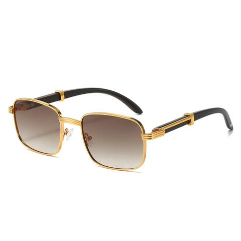 Vintage Square Sunglasses Metal Frame Faux Wood Temple UV400 Protection Luxury Retro Rectangular Eyewear For Men Women