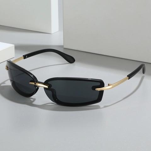 Lunettes De Soleil Rectangulaires Sans Monture Y2K Pour Femmes Hommes Branches En Métal Verres PC Mode Futuriste
