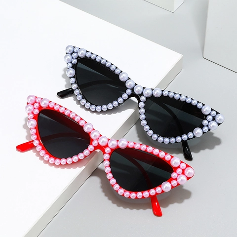 Retro Cat-Eye-Sonnenbrille Für Damen Mit PC-Rahmen Kunstperlen-Dekoration UV400-Schutz Trendige Hip-Hop-Outdoor-Party