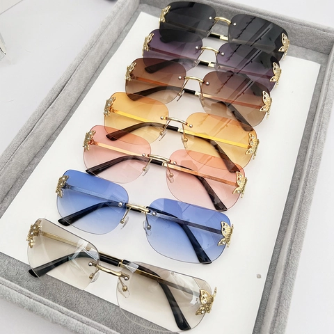 Rimless Square Sunglasses With Metal Butterfly Rhinestone Decor Fashion Gradient Lenses For Women