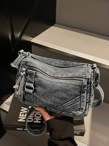 Retro Washed Denim Crossbody Bag Für Damen Vintage Streetwear Multi Pocket Umhängetasche Mit Verstellbarem Riemen Und Fransen