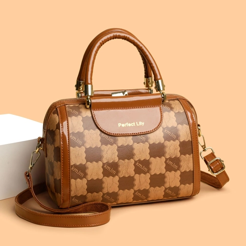 Borsa Boston Da Donna Pelle PU Grande Capacità Motivo Orso A Scacchi Borsa A Mano Tracolla Versatile Per Tutti I Giorni