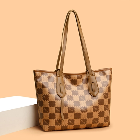 Borsa Tote Da Donna Pelle PU Grande Capacità Motivo A Scacchi Stampa Lettere Orso Borsa A Tracolla Chiusura Lampo