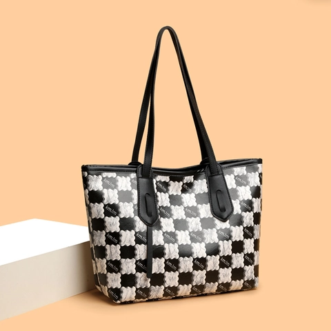 Borsa Tote Da Donna Pelle PU Grande Capacità Motivo A Scacchi Stampa Lettere Orso Borsa A Tracolla Chiusura Lampo