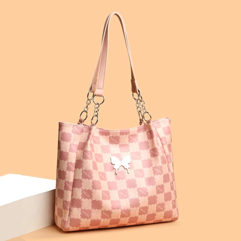 Women Tote Bag Fashion PU Leather Large Capacity Checkered Plaid Butterfly Decor Chain Strap Commuting Handbag
