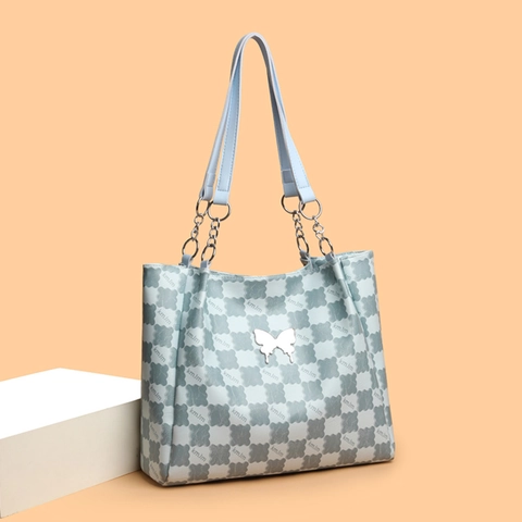 Women Tote Bag Fashion PU Leather Large Capacity Checkered Plaid Butterfly Decor Chain Strap Commuting Handbag