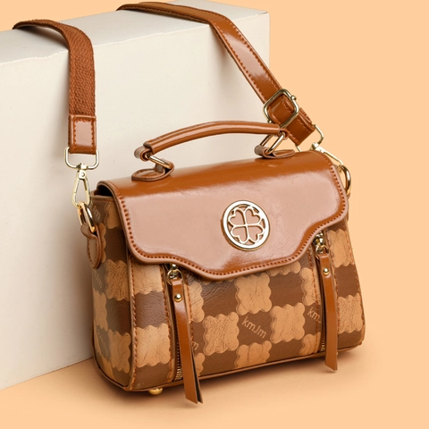 Women Crossbody Bag PU Leather Top Handle Clover Metal Lock KMJM Print Retro Style Adjustable Strap