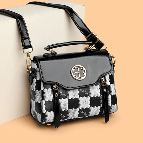 Women Crossbody Bag PU Leather Top Handle Clover Metal Lock KMJM Print Retro Style Adjustable Strap