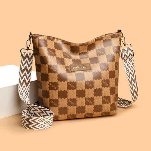 Borsa A Secchiello Con Motivo A Scacchi Pelle PU Donna Borsa A Spalla Tracolla Larga Intrecciata Versatile