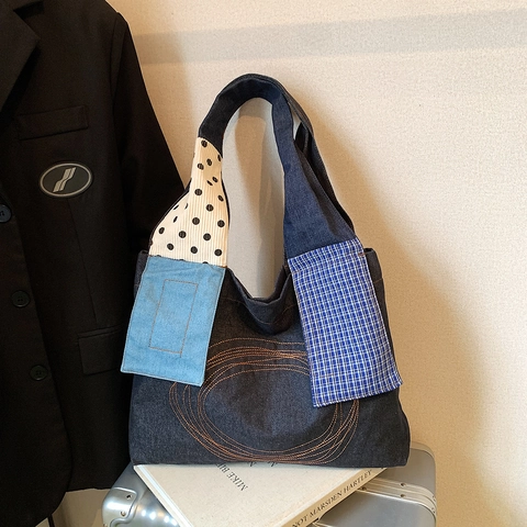 Borsa Tote in Velluto a Coste Patchwork Vintage da Donna Grande Capacità Borsa a Tracolla in Denim Casuale Tela Lavoro Scuola