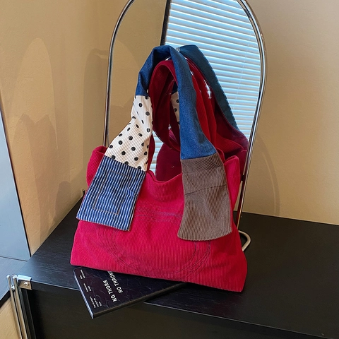 Borsa Tote in Velluto a Coste Patchwork Vintage da Donna Grande Capacità Borsa a Tracolla in Denim Casuale Tela Lavoro Scuola
