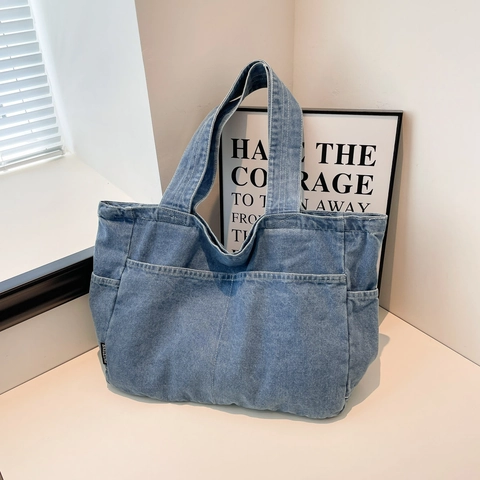Retro Denim Tote Bag Large Capacity Multi-Pocket Handbag Vintage Washable Denim Shoulder Bag Casual For Women Students