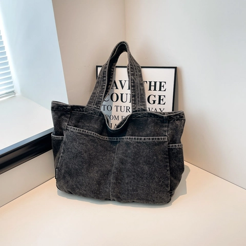Retro Denim Tote Bag Large Capacity Multi-Pocket Handbag Vintage Washable Denim Shoulder Bag Casual For Women Students