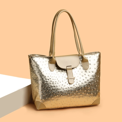 Grande Borsa Tote Donna Motivo Struzzo Pelle PU Metallizzata Borsa A Spalla Chic Versatile Pendolare