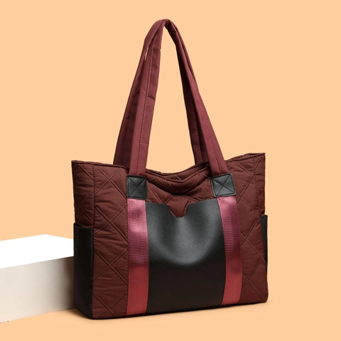 Bolso Tote Acolchado Gran Capacidad Tela Nylon Color De Contraste Bolso De Hombro Para Mujeres Moda Casual