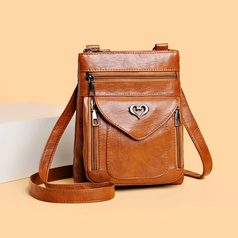 Sac Bandoulière Vintage En Cuir PU Pour Femmes Petit Sac Carré Pour Téléphone Avec Décor Coeur Multi Fermetures Éclair