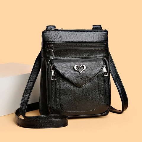 Sac Bandoulière Vintage En Cuir PU Pour Femmes Petit Sac Carré Pour Téléphone Avec Décor Coeur Multi Fermetures Éclair