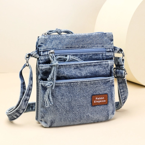 Bolso Bandolera Casual de Mezclilla Lavada para Mujer Múltiples Bolsillos Cremallera Bolso Hombro Vintage Pequeño Messenger Bag