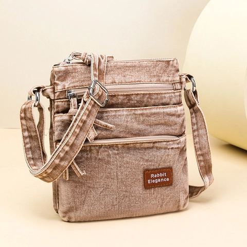 Bolso Bandolera Casual de Mezclilla Lavada para Mujer Múltiples Bolsillos Cremallera Bolso Hombro Vintage Pequeño Messenger Bag