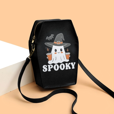 Sargform Umhängetasche PU Leder Gothic Totenkopf Rose Druck Halloween Schultertasche Frauen Spooky Ghost Street Style