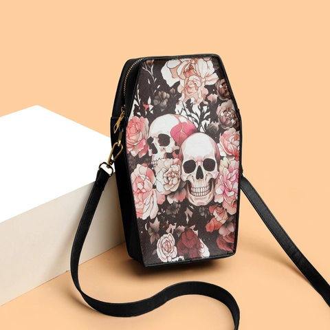Sargform Umhängetasche PU Leder Gothic Totenkopf Rose Druck Halloween Schultertasche Frauen Spooky Ghost Street Style
