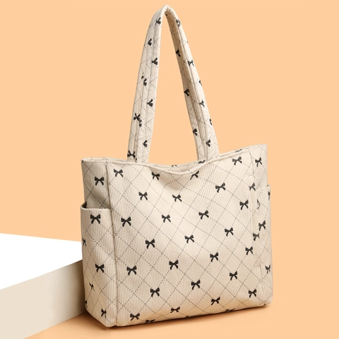Borsa Tote In Velluto A Coste Grande Capacità Donna Stampa Fiocco Trapuntata Diamante Borsa A Spalla Con Tasche Laterali Retro