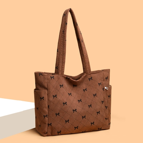 Borsa Tote In Velluto A Coste Grande Capacità Donna Stampa Fiocco Trapuntata Diamante Borsa A Spalla Con Tasche Laterali Retro