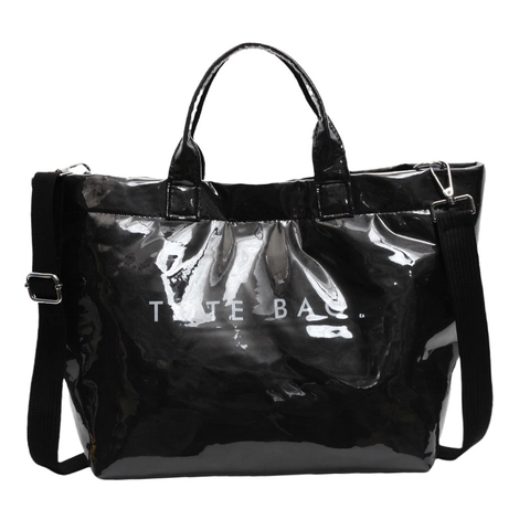 Große Tote Bag PU Leder Glänzend Falten Brief Druck Pendler Schulterhandtasche Für Frauen Streetwear Mode