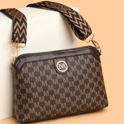 Vintage Crossbodytas Voor Dames Van PU Leer Met M Monogram Print Kleine Vierkante Schoudertas Met Brede Jacquard Band