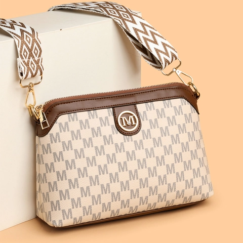 Vintage Crossbodytas Voor Dames Van PU Leer Met M Monogram Print Kleine Vierkante Schoudertas Met Brede Jacquard Band