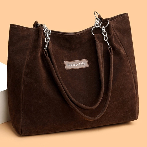 Retro Tote Bag Women Suede Corduroy Large Capacity Shoulder Handbag Vintage Commuter Travel Silver Chain Strap Solid Color