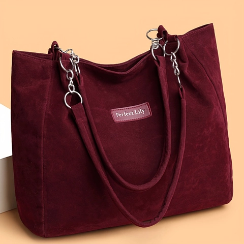 Retro Tote Bag Women Suede Corduroy Large Capacity Shoulder Handbag Vintage Commuter Travel Silver Chain Strap Solid Color