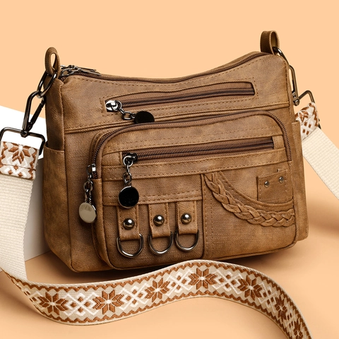 Damen Umhängetasche Mehrere Taschen Kunstleder Retro Schultertasche Große Kapazität Mit Ethnischem Jacquard Gurt