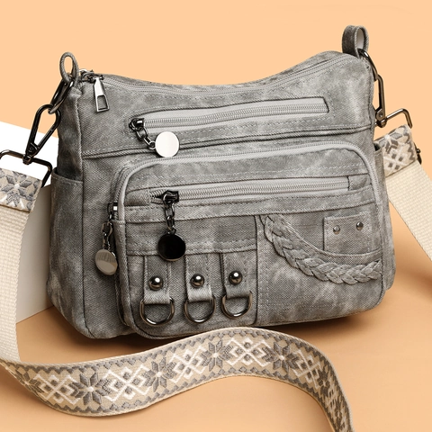 Damen Umhängetasche Mehrere Taschen Kunstleder Retro Schultertasche Große Kapazität Mit Ethnischem Jacquard Gurt