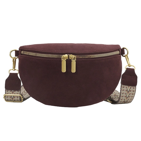 Women Suede Half Moon Crossbody Bag Retro Waist Chest Pack With Geometric Pattern Wide Strap Double Gold Zippers