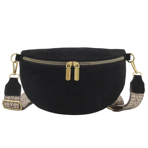 Women Suede Half Moon Crossbody Bag Retro Waist Chest Pack With Geometric Pattern Wide Strap Double Gold Zippers