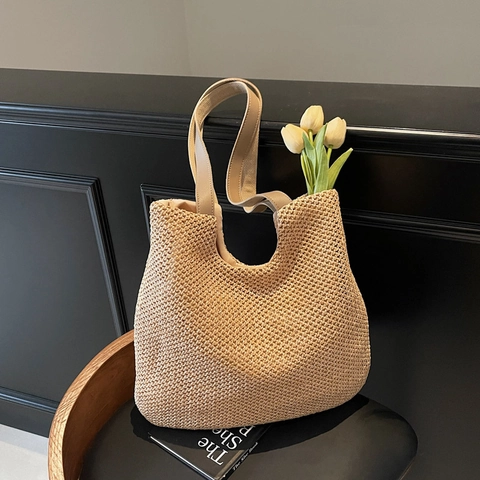 Borsa Tote In Paglia Intrecciata Grande Capacità Trama Traforata Tracolle In Pelle Casual Spiaggia Estiva Donne