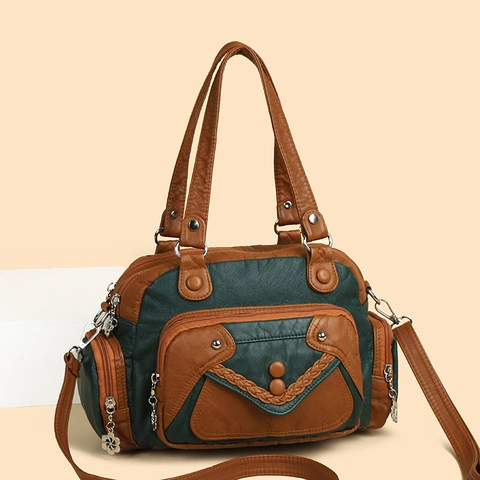 Bolso De Hombro Retro Para Mujer Cuero PU Suave Múltiples Bolsillos Gran Capacidad Bloque De Color Bolso Bandolera De Mano