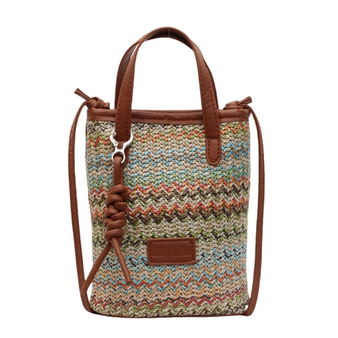 Women Mini Straw Woven Crossbody Bag Summer Beach Handbag Multi Color Bucket Bag With PU Leather Strap And Handle