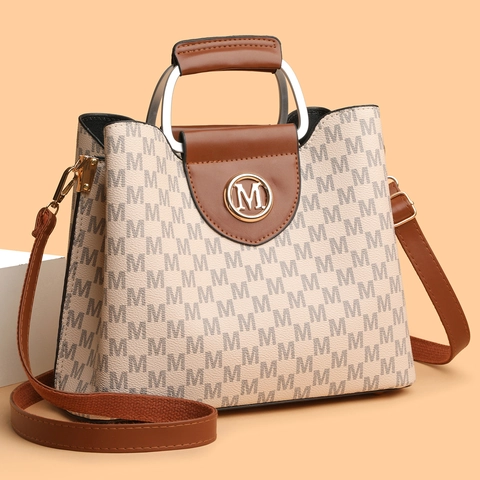 Retro Monogram M Print Handtas PU Leer Grote Capaciteit Schoudertas Met Metalen Handvat Voor Dames Vintage Tote