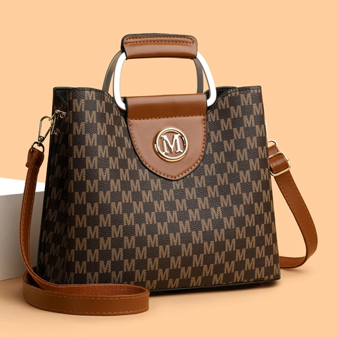 Retro Monogram M Print Handtas PU Leer Grote Capaciteit Schoudertas Met Metalen Handvat Voor Dames Vintage Tote