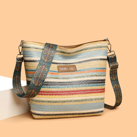 Borsa A Tracolla Intrecciata A Righe Stile Bohémien Etnico Tracolla Larga Fantasia Grande Capacità Borsa A Spalla Casual Donna