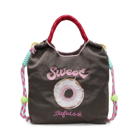 Sac À Bandoulière En Nylon Pour Femmes Broderie Donut Imperméable À Cordon Avec Bandoulière En Corde Tissée Colorée Style Doux