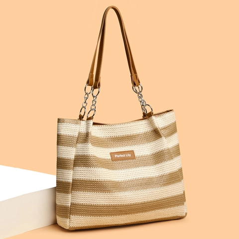 Striped Straw Woven Tote Bag Large Capacity Casual Shoulder Bag With Chain Leather Strap For Women Travel Beach