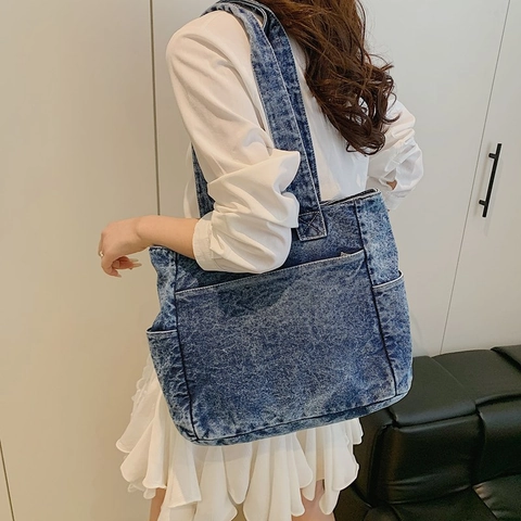 Borsa Tote In Denim Lavato Grande Capacità Multi Tasca Casual Street Style Borsa A Spalla Da Donna