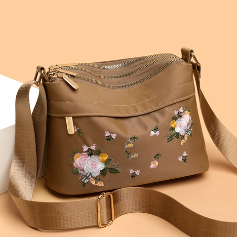Sac Bandoulière Nylon Broderie Florale Plusieurs Fermetures Éclair Multi Poches Grande Capacité Style Ethnique Décontracté Femmes