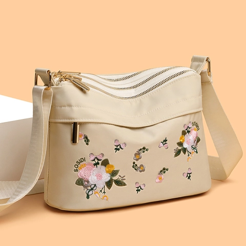 Sac Bandoulière Nylon Broderie Florale Plusieurs Fermetures Éclair Multi Poches Grande Capacité Style Ethnique Décontracté Femmes