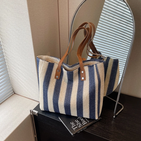 Sac Cabas Tissé Rayé Grande Capacité Sac À Épaule Femmes Style Plage Vacances Avec Poignée En Cuir PU Et Rivets