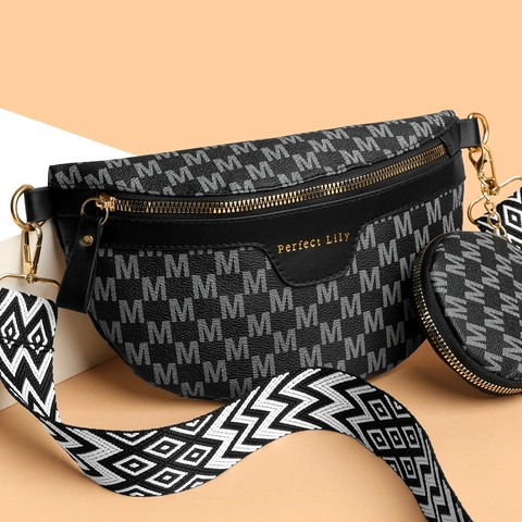 Women Fashion Monogram Letter Print Chest Bag With Wide Geometric Strap And Round Pouch Crossbody Bag PU Leather Retro Casual