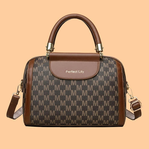 Women Boston Bag PU Leather M Monogram Print Top Handle Crossbody Shoulder Handbag Retro Large Capacity Daily Use